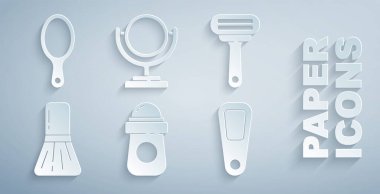 Terleme önleyici deodorant, tıraş bıçağı, makyaj fırçası, el aynası, yuvarlak makyaj malzemesi ve ikonu hazırlayın. Vektör