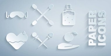 Örgü iğneleri, spa tuzu, kalp iyileşmesi, elma eli, kulak için pamuk çubuğu ve göz maskesi ikonu hazırlayın. Vektör