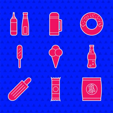 Dondurmayı waffle külahına, çikolataya, sert ekmeğe, krakere, bir şişe suya, sosisliye, mısıra, çöreğe ve sos şişesine koy. Vektör