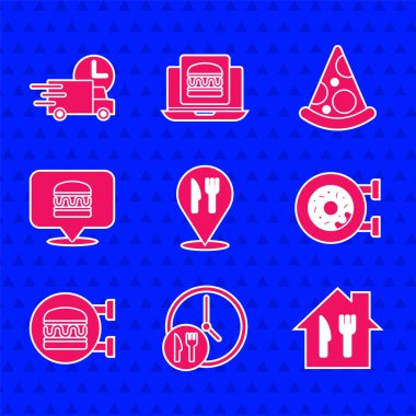 Kafe ve restoranın yerini ayarla, saat başı teslimat, çevrimiçi sipariş, çörek, burger, pizza dilimi ve araba ikonu. Vektör