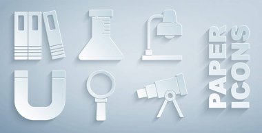 Büyüteç, masa lambası, mıknatıs, teleskop, test tüpü, matara ve ofis klasörü simgesini ayarlayın. Vektör