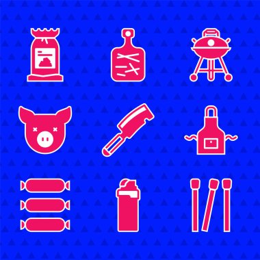 Et helikopteri, çakmak, kibrit, mutfak önlüğü, sosis, domuz, ızgara ve kömür torbası ikonu. Vektör