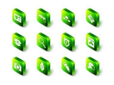 Polis megafonu, rozetli şerif şapkası, kağıt para yığını kanıt tabancası, miğfer, elektrik şoku ve ikon vurmak için insan hedef sporu. Vektör