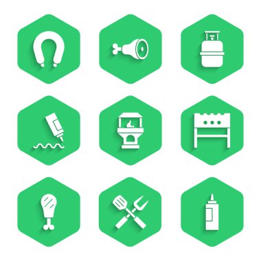 Brick sobası, çapraz çatal ve spatula, sos şişesi, barbekü ezmesi, tavuk bacağı, propan gazı deposu ve sosis ikonu. Vektör