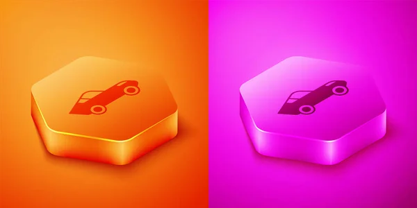 オレンジとピンクの背景にアイコンをアイソメトリックカー 六角形のボタン ベクトル — ストックベクタ