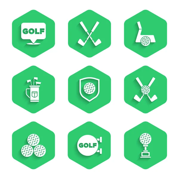 シールド スポーツクラブ 賞カップゴルフ クロス バッグクラブ およびラベルアイコンとゴルフボールを設定します ベクトル — ストックベクタ