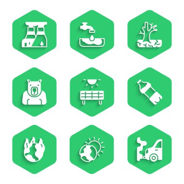 Güneş enerjisi paneli, küresel ısınma, araba egzozu, bir şişe su, yangın, kutup ayısı kafası, solmuş ağaç ve nükleer santral ikonu. Vektör