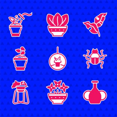 Saksıya, vazoya, vazoya, böceğe tohum kasesine, tropikal yapraklara ve Spreyli bitki ikonuna bitki koyun. Vektör