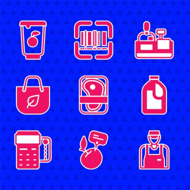 Et paketleme bifteği, satıcı, temizlik acentesi için şişe, POS terminal kredi kartı, alışveriş çantası geri dönüşümü, kasiyer kasası ve yoğurt kutusu ikonu. Vektör