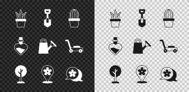 Saksı, Kürek, Kaktüs peyote, Orman, Çiçekli konum, Çiçek, Şişe Aşk İksiri ve Su Kutusu ikonu. Vektör