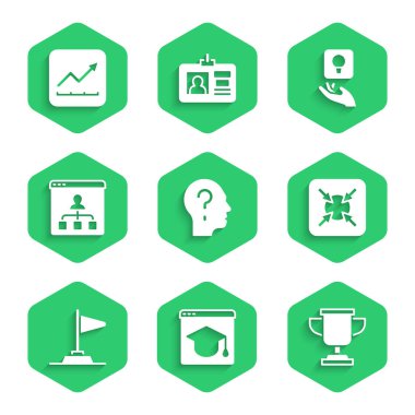 Set Head with question mark, Online education, Award cup, Target, Flag, Ampul ve Finansal büyüme ikonu. Vektör
