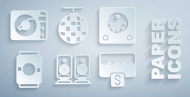 Stereo hoparlörü, davul makinesi, bira kutusu, müzik dalgası dengeleyicisi, disko topu ve vinil disk ikonlu vinil çalar ayarlayın. Vektör