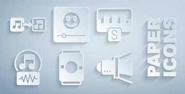 Bira kutusu, müzik dalgası dengeleyicisi, nota, ton, film spotu, oyuncu ve simge. Vektör