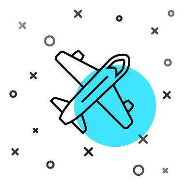 Siyah çizgi düzlem simgesi beyaz arkaplanda izole edildi. Uçan uçak ikonu. Uçak tabelası. Rastgele dinamik şekiller. Vektör.