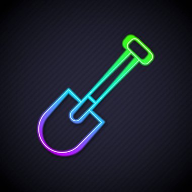 Parlayan neon hattı kürek simgesi siyah arkaplanda izole edildi. Bahçe aletleri. Bahçecilik, tarım, çiftçilik aleti. Vektör.