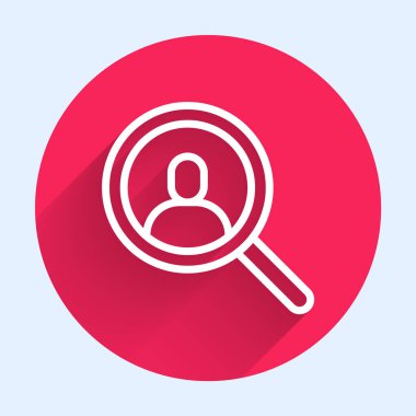 Uzun gölgeli bir insan simgesini aramak için beyaz çizgi büyüteç. İşe alım ya da seçim konsepti. Çalışanları ve işi ara. Kırmızı daire düğmesi. Vektör.