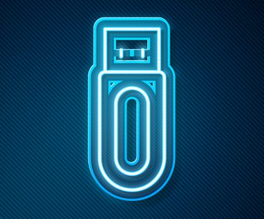 Parlayan neon hattı USB flash disk simgesi mavi arkaplanda izole edildi. Vektör