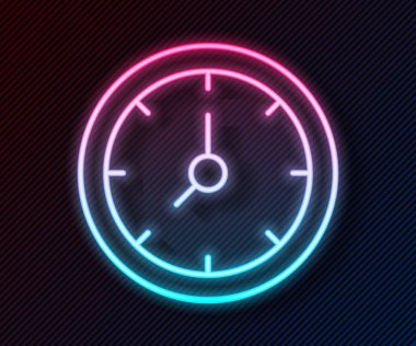 Parlayan neon çizgi saat simgesi siyah arkaplanda izole edildi. Zaman sembolü. Vektör