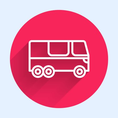 Beyaz çizgi otobüs simgesi uzun gölge arkaplanı ile izole edildi. Ulaşım konsepti. Otobüs turu nakliyesi. Turizm ya da kamu aracı sembolü. Kırmızı daire düğmesi. Vektör