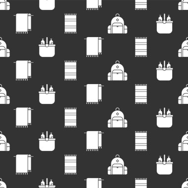 Yürüyüş sırt çantası, serinletici çanta ve su, havluyu askıya al ve plaj havlusunu pürüzsüz desenli yap. Vektör.