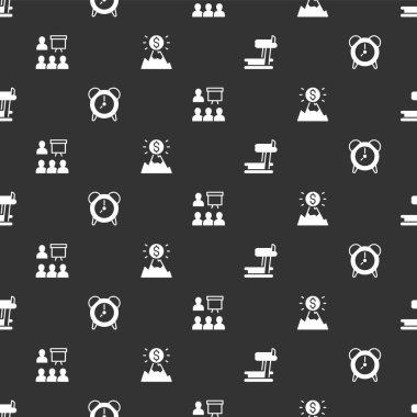 Koşu bandı makinesi, alarm saati, eğitim, sunum ve dağları kusursuz desenli olarak ayarla. Vektör