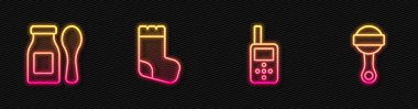 Hattı ayarla bebek telsizi, şişedeki yoğurt, kaşık, çorap ve oyuncak bebek. Parlayan neon ikonu. Vektör