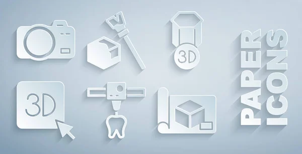 Set Dent Imprimante Papier Graphique Pour Ingénierie Cube Isométrique Icône — Image vectorielle