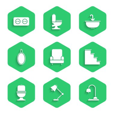 Koltuk, masa lambası, merdiven, klozet, ayna, musluklu lavabo ve elektrik çıkış ikonu. Vektör