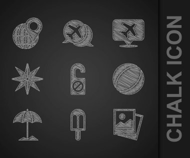 Set Please do not disturb, Ice cream, Photo, Beach ball, Sun protective umbrella for beach, Wind rose, Speech bubble with airplane and Location on the globe icon. Vector vector