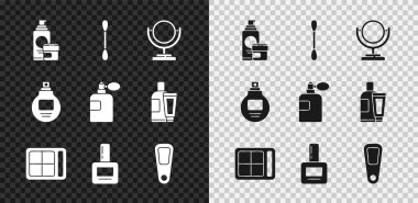 Krem veya losyon kozmetik tüpü, kulak için pamuk çubuğu, yuvarlak makyaj aynası, göz farı paleti, tırnak cilası şişesi, El, parfüm ve ikon. Vektör