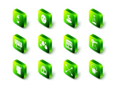 Yüz maskesi, sıcak taşlar, çay poşeti, saç kurutma makinesi saplı kettle, krem ya da losyon tüpü kulak ve ikon için pamuk çubuğu. Vektör