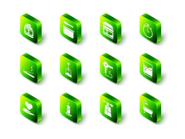 Sauna kovası ve kepçe, krem ya da losyon kozmetik tüpü, Stopwatch, suyla birlikte bardak, küvet, saç kurutma makinesi, parfüm ve yanan mum ikonu. Vektör