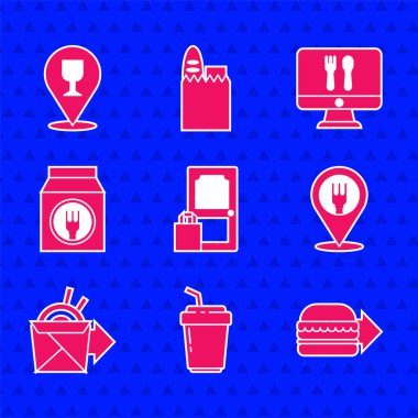 Online sipariş ve teslimat ayarla, paket kahve fincanı, burger, kafe restoranı mekanı, erişte ve alkollü bira ikonu. Vektör