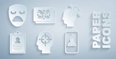 Bir sorun bulma, tıbbi dosya çözümü, çevrimiçi psikolog, Rorschach testi ve dramatik maske ikonu. Vektör