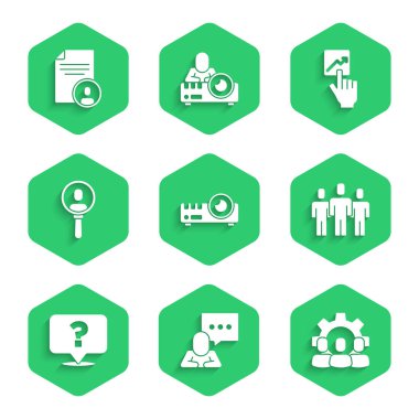 Medya projektörü, konuşma balonu sohbeti, Proje ekibi üssü, Kullanıcı grubu, Soru işareti, Arama insanları, Takım lideri ve Devam simgesi ayarlayın. Vektör