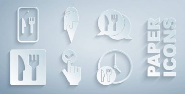 İnternetten sipariş ve teslimat ayarla, kafe restoranının yeri 24 saat dondurma ve ikon. Vektör