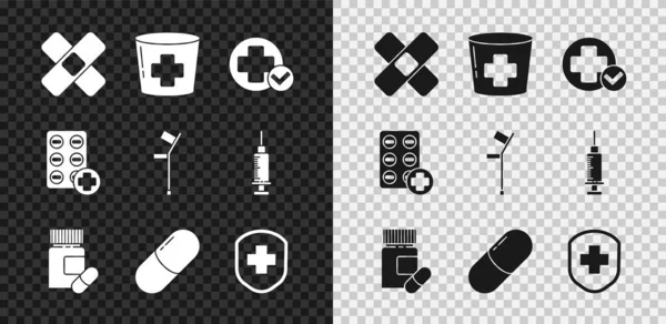 Sätt Crossed bandage plåster, Sjuksköterska hatt med kors, sjukhus medicinsk, Medicin burk piller, eller tablett, Medicinsk sköld, piller blisterförpackning och kryckor ikonen. Vektor — Stock vektor