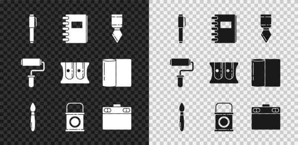Toll, Spirál notebook, Paletta kés, Festék ecset, vödör, Grafikus tabletta, görgő és ceruzahegyező ikon. Vektor — Stock Vector