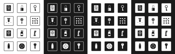 Set Alter Schlüssel, Lupensuche, Bewegungssensor, Fingerabdruck, grafischer Passwortschutz, Tresorkombinationsschloss, Polizei-Elektroschocker und Passport-Symbol. Vektor — Stockvektor