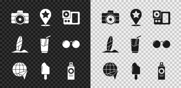 Set Photo camera, Map pointer with star, Globe flying plane, Ice cream, Sunscreen spray bottle, Surfboard and Cocktail and alcohol drink icon. Vector — Stock Vector