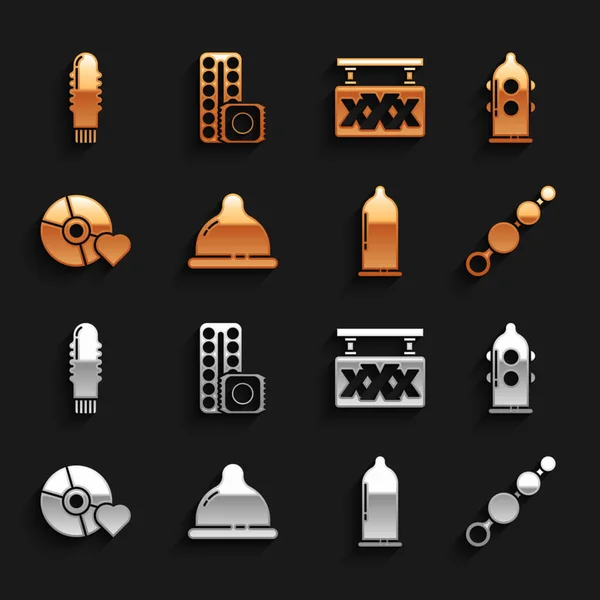 Set Condom, Anal beads, Adult label compact disc, Sex shop, Dildo vibrator and Birth control pills and condom icon. Vector — Stok Vektör