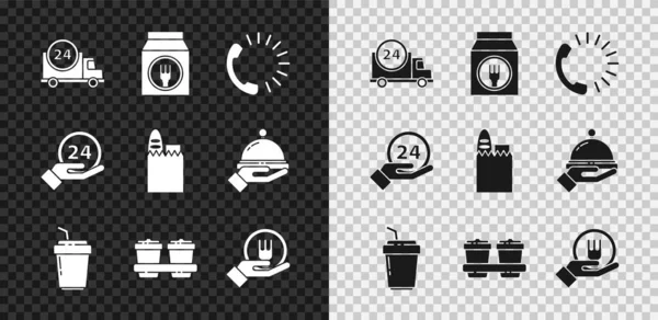 Set Fast delivery by car, Online ordering and, Food, Coffee cup to go, Clock 24 hours and Shopping bag food icon. Vector — Stock Vector