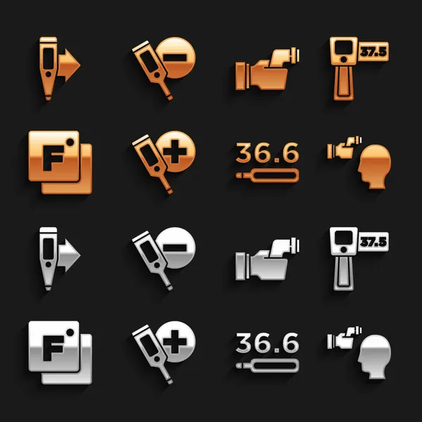 Digitale thermometer instellen, lichaamstemperatuur controleren, medisch, Fahrenheit en pictogram. Vector — Stockvector