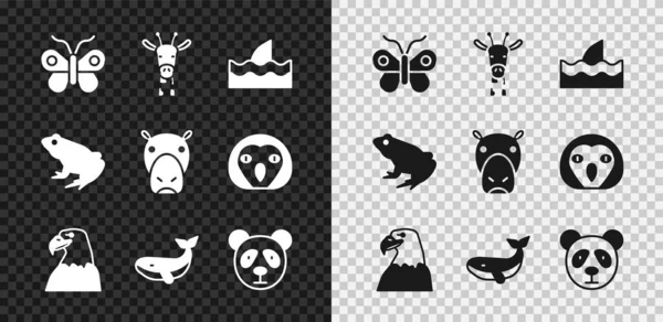 Set Vlinder, Giraffe hoofd, Haaien vin in oceaan golf, Adelaar, Walvis, Leuke panda gezicht, Kikker en Hippo of Hippopotamus icoon. Vector — Stockvector