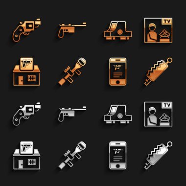 Keskin nişancı görüşü, reklam silahı, Tuzak avı, Dükkan mobil uygulaması, av dükkanı, Collimator, küçük tabanca tabancası ve Mauser ikonu ayarlayın. Vektör