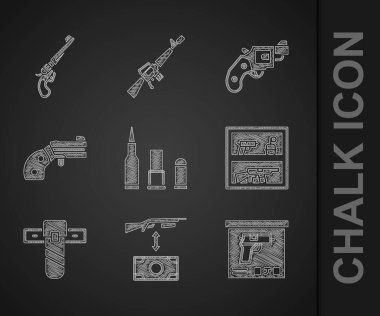 Mermi, saldırı tüfeği, askeri mühimmat kutusu, av silahı, bıçak kılıfı, küçük tabanca tabancası ve Revolver ikonu. Vektör