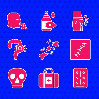 Kırık kemikleri, ilk yardım setini, su toplayan ilaçları, dikişli yarayı, kafatasını, bağırsak kabızlığını, karın şişliğini ve kusma ikonunu ayarla. Vektör