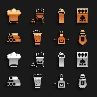 Bir bardak bira, kibrit kutusu ve kibrit kutusu, Salt, Kitchen önlüğü, tahta kütükler, Çakmak, Şef şapkası ve ızgara ikonu. Vektör