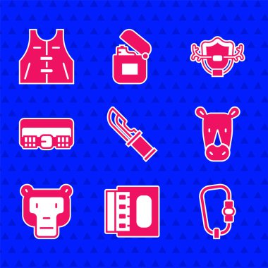 Hunter bıçağı, kibrit kutusu, Carabiner, gergedan, maymun, av kemeri, geyik boynuzu kalkanı ve ceket ikonu. Vektör