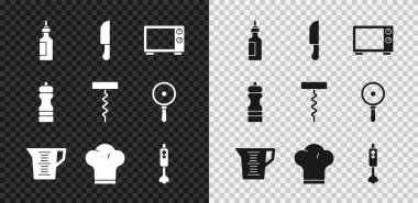 Bir şişe zeytinyağı, bıçak, mikrodalga fırın, ölçü kabı, şef şapkası, blender, biber ve şarap tirbuşonu ikonu. Vektör